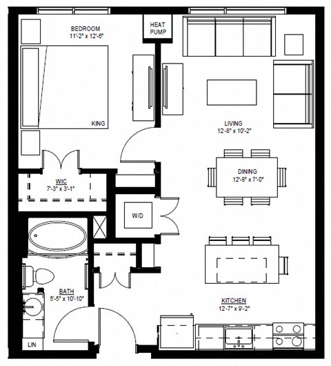 Floor plan for 1 bed, 1 bath, 712 sqft